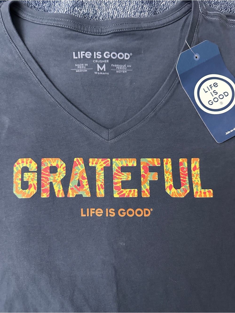 Life Is Good Navy V-Neck Tee with Multicolor 'GRATEFUL' Letters
